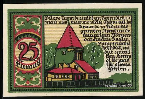 Notgeld Osnabrück 1921, 25 Pfennig, Wappen und Pernickelturm