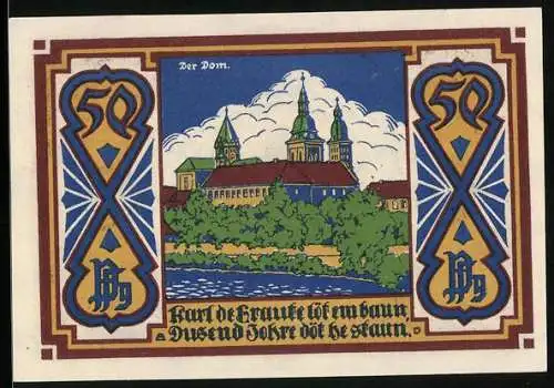 Notgeld Osnabrück 1921, 50 Pfennig, Wappen und Blick auf den Dom