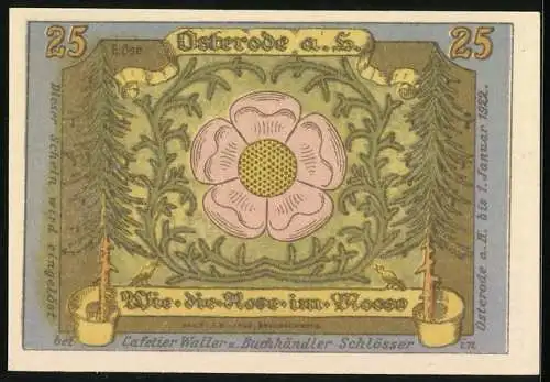 Notgeld Osterode a. H. 1922, 25 Pfennig, Rose und Bauer mit Packeseln