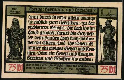 Notgeld Pössneck 1921, 75 Pfennig, Goethe: Hermann und Dorothea, Dienen lerne..., Statuen