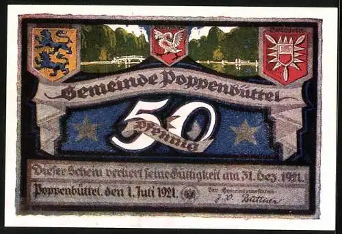 Notgeld Poppenbüttel 1921, 50 Pfennig, Wappen, Brücke, Ortsansicht vor 100 Jahren, Tiere