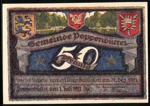 Notgeld Poppenbüttel 1921, 50 Pfennig, Wappen, Brücke, Hellenburger Schleuse, Tiere des Waldes