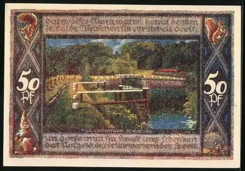 Notgeld Poppenbüttel 1921, 50 Pfennig, Wappen, Brücke, Hellenburger Schleuse, Tiere des Waldes