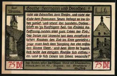 Notgeld Pössneck 1921, 75 Pfennig, Goethe: Hermann und Dorothea, Lächelnd sagte der Pfarrer..., Kirche und Haus