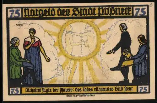 Notgeld Pössneck 1921, 75 Pfennig, Goethe: Hermann und Dorothea, Lächelnd sagte..., Haus und Kirche