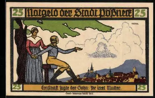 Notgeld Pössneck 1921, 25 Pfennig, Goethe: Hermann und Dorothea, Sohn und Mutter vor Ortsansicht, Häuser
