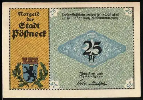 Notgeld Pössneck, 25 Pfennig, Wappen, Gerber und Gerberhäuser, Pössnecker Leder