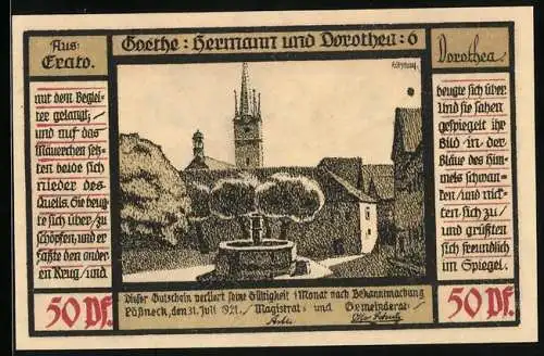 Notgeld Pössneck 1921, 50 Pfennig, Goethe: Hermann und Dorothea, Paar auf einer Mauer, Ortspartie mit Kirche