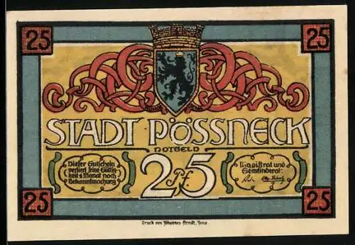 Notgeld Pössneck, 25 Pfennig, Wappen, Ortspartie mit Kurrende