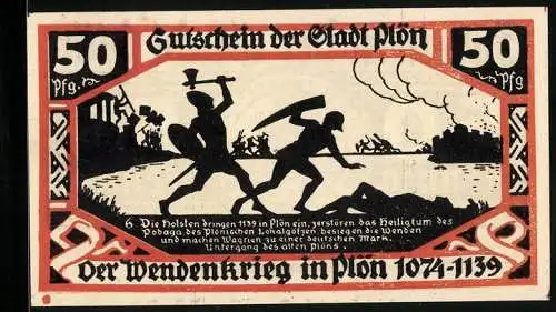 Notgeld Plön 1921, 50 Pfennig, Wappen, Wendenkrieg: Eindringen der Holsten im Jahr 1139