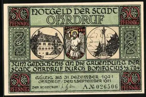 Notgeld Ohrdruf 1921, 50 Pfennig, Bonifatius schlägt das Lager auf