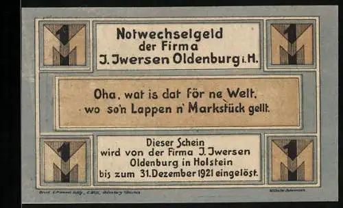 Notgeld Oldenburg i. Holst., 1 Mark, Geschäftshaus I. Iwersen