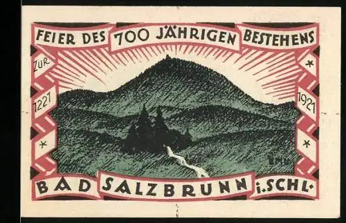 Notgeld Bad Salzbrunn i. Schl. 1921, 50 Pfennig, Der bewaldete Hügel mit der Burg