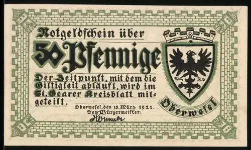 Notgeld Oberwesel am Rhein 1921, 50 Pfennig, Ortsansicht mit der Kirche