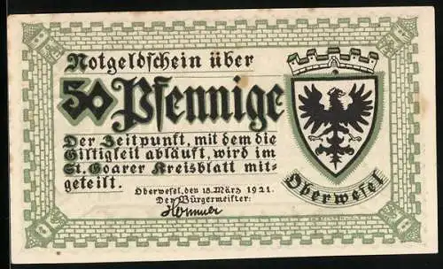 Notgeld Oberwesel am Rhein 1921, 50 Pfennig, Ortsansicht am Wasser