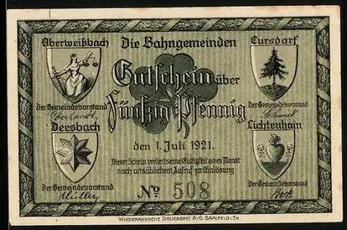 Notgeld Oberweissbach 1921, 50 Pfennig, Talstation der Oberweissbacher Bergbahn