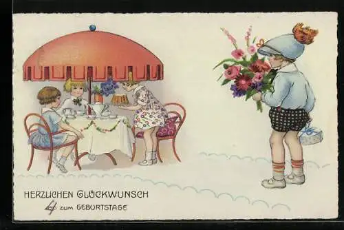 AK Junge mit Blumenstrauss und Geschenk erreicht den Geburtstag