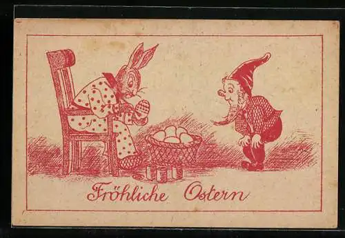 AK Zwerg und Osterhase bemalen die Eier für Ostern