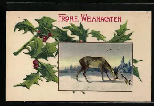 Präge-AK Reh zu Weihnachten beim Grasen im Schnee