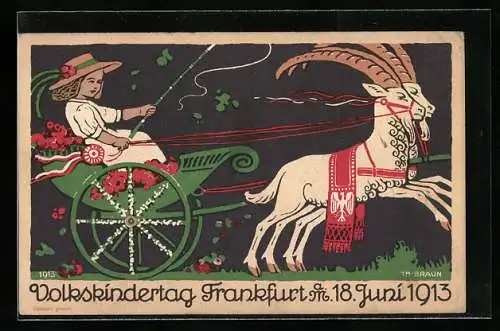 AK Frankfurt /Main, Volkskindertag 1913, Mädchen in Kutsche von weissen Steinböcken gezogen