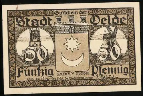 Notgeld Oelde 1920, 50 Pfennig, Der Tanz um den Oelder Pfingstkranz, Windmühle, Stadtwappen