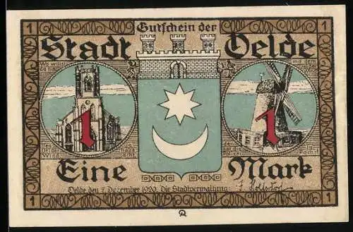 Notgeld Oelde 1920, 1 Mark, Der Tanz um den Oelder Pfingstkranz, Windmühle, Stadtwappen