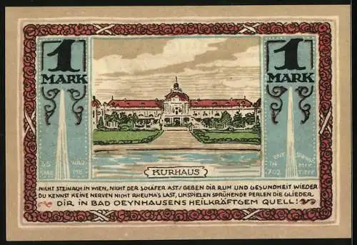 Notgeld Bad Oeynhausen i. Westfalen 1922, 1 Mark, Kurhaus, Ortspartie