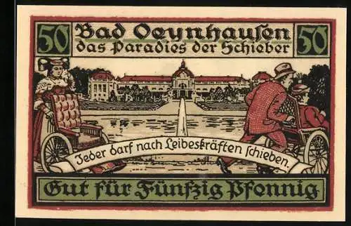 Notgeld Bad Oeynhausen i. W., 50 Pfennig, Kurhaus und Mann im Rollstuhl