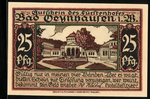 Notgeld Bad Oeynhausen i. W., 25 Pfennig, Blick auf das Schloss