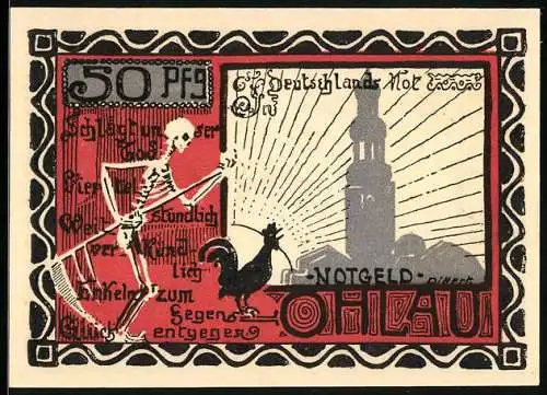 Notgeld Ohlau, 50 Pfennig, Graf Seydlitz mit Pistole, Kirche, Skelett und Hahn
