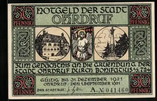 Notgeld Ohrdruf 1921, 50 Pfennig, Rathaus, Denkmal, Wappen