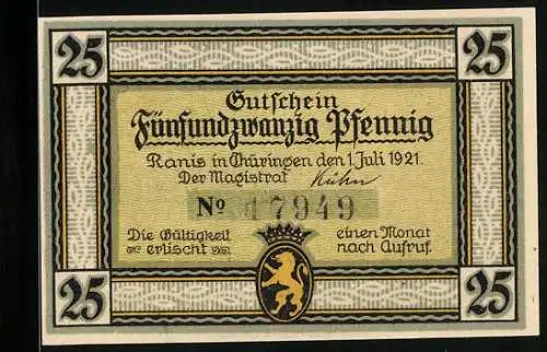 Notgeld Ranis i. Th. 1921, 25 Pfennig, Die Burg Ranis