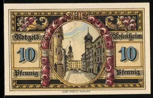 Notgeld Rosenheim 1921, 10 Pfennig, Strassenpartie mit Blick zur Kirche, Stadtwappen