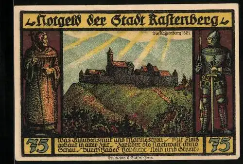 Notgeld Rastenberg 1921, 75 Pfennig, Raspenburg 1321, Ritter in Rüstung, Stadtwappen