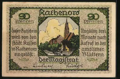 Notgeld Rathenow, 90 Pfennig, Alte Frau mit Steuern, Ortsansicht