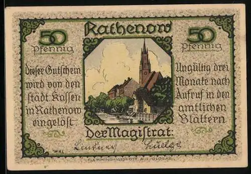 Notgeld Rathenow, 50 Pfennig, Ortspartie mit Kirche, Ziethenhusar zu Pferd