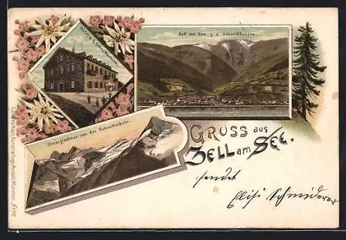 Lithographie Zell am See, Hotel an der Schmittenhöhe und Grossglockner