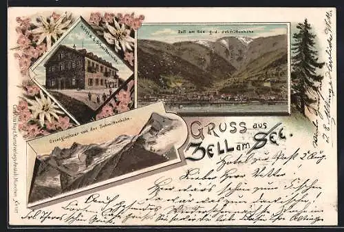 Lithographie Zell am See, Hotel a. d. Schmittenhöhe und Grossglockner von der Schmittenhöhe