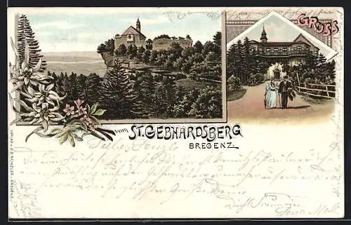 Lithographie Bregenz, Gasthaus auf dem St. Gebhardsberg