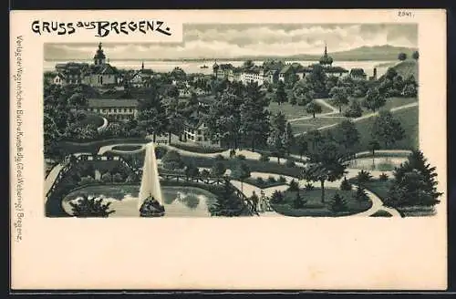 Lithographie Bregenz, Ortsansicht mit Park und Springbrunnen