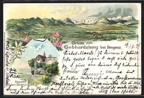 Lithographie Bregenz, Kapelle auf dem Gebhardsberg und Umland