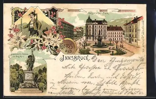 Lithographie Innsbruck, Margarethen-Platz, Andreas Hofer-Denkmal am Berg Isel