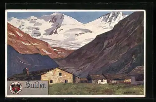 AK Deutscher Schulverein Nr. überklebt: Sulden, an den Häusern mit Blick auf die Berge