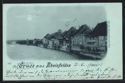 Mondschein-AK Rheinfelden, Flussfront mit dem Hotel Soolbad Schiff