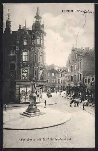 AK Herten i. W., Kaiserstrasse mit St. Antonius-Denkmal