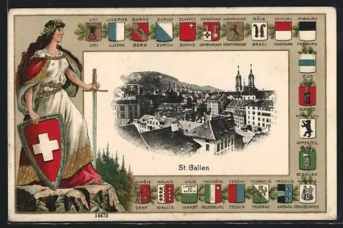 AK St. Gallen, Ortspartie aus der Vogelschau, Göttin und verschiedene Ortswappen