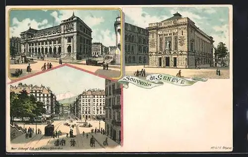 Lithographie Geneve, Rue du Mont Blanc, Hote des Postes, Victoria-Hall, Strassenbahn