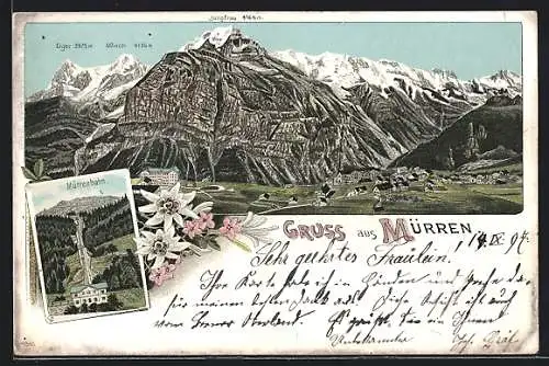 Lithographie Mürren, Mürrenbahn und Blick gegen Eiger, Mönch und Jungfrau