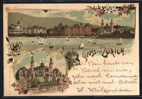 Lithographie Zürich, Tonhalle und Stadtansicht mit Segelbooten