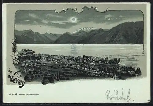 Mondschein-Lithographie Vevey, Stadtansicht vor See und Bergen